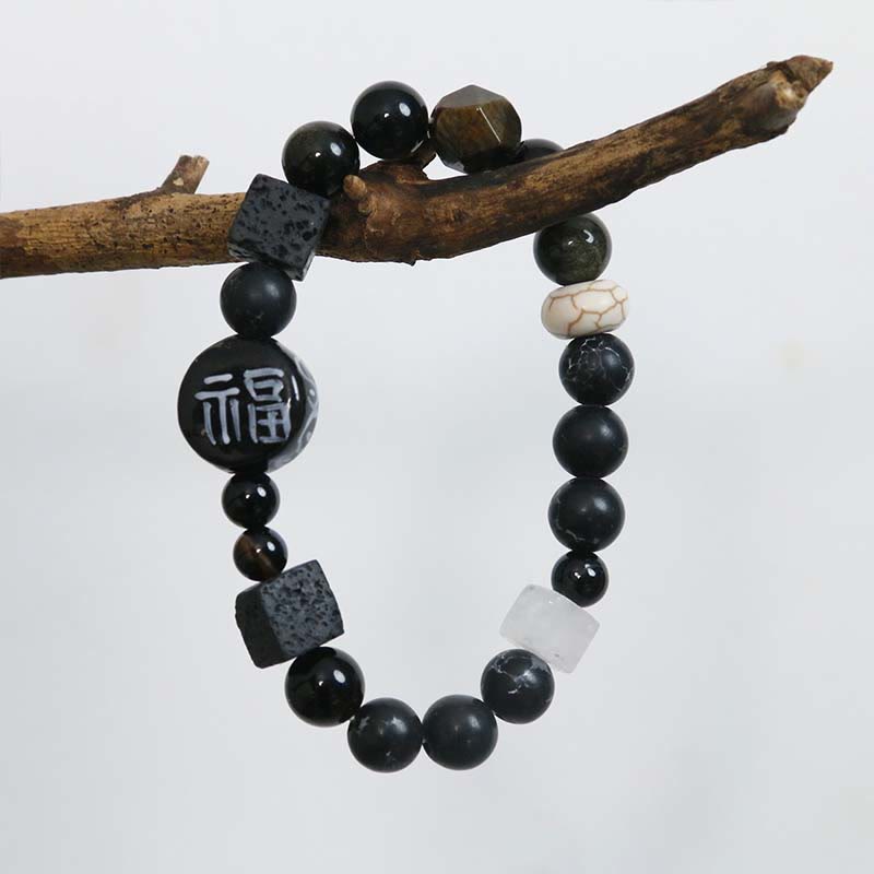 Fu Character Inscribed Agate & White Marble Bracelet with Black Onyx Options