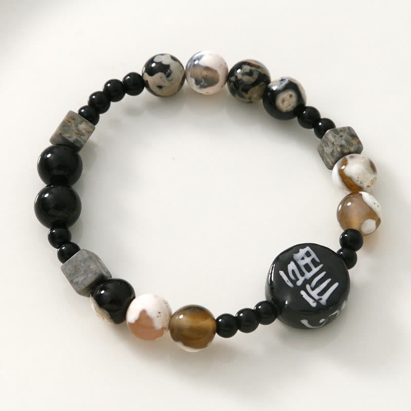 Fu Character Inscribed Agate & White Marble Bracelet with Black Onyx Options