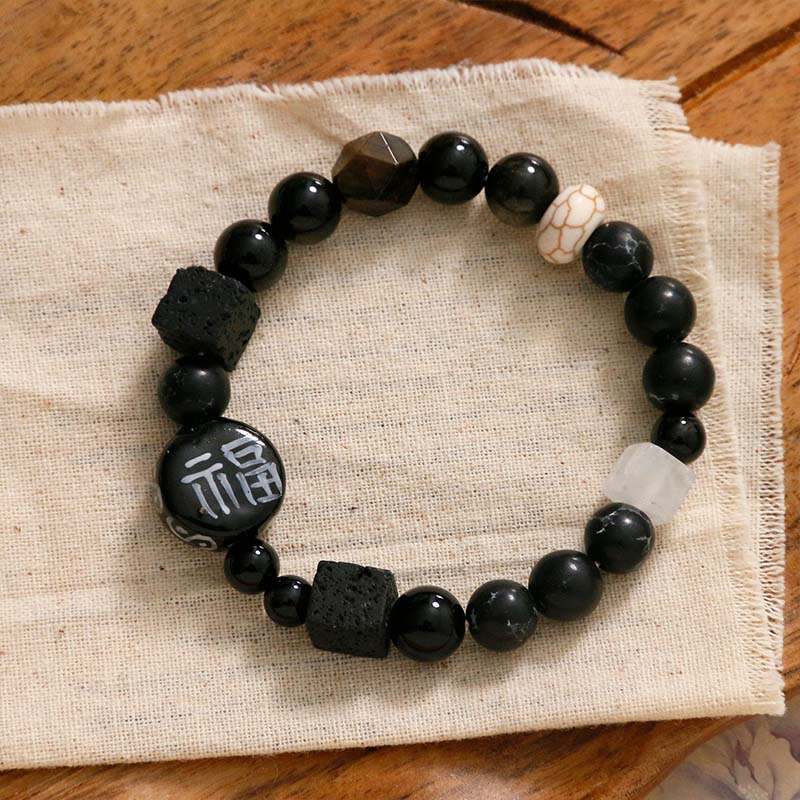 Fu Character Inscribed Agate & White Marble Bracelet with Black Onyx Options
