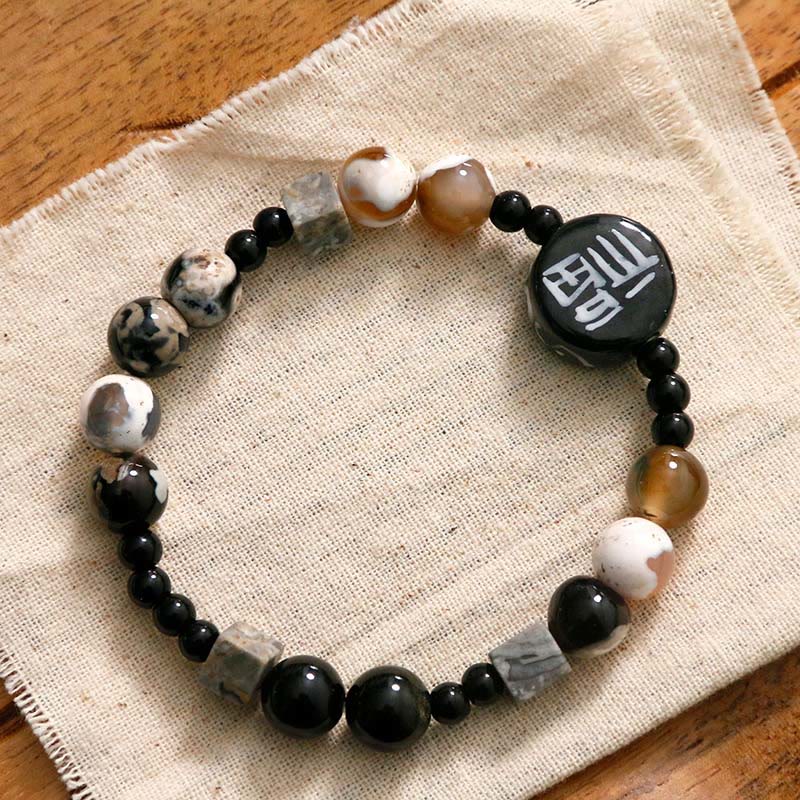 Fu Character Inscribed Agate & White Marble Bracelet with Black Onyx Options