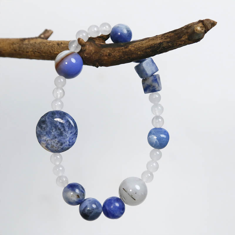 Multi-Stone Beaded Bracelet with Blue Aventurine, Agate, White Jade, Black Rutilated Quartz, and Jade (17cm)