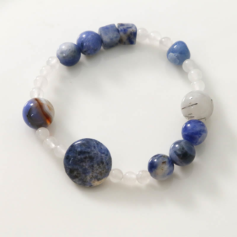 Multi-Stone Beaded Bracelet with Blue Aventurine, Agate, White Jade, Black Rutilated Quartz, and Jade (17cm)