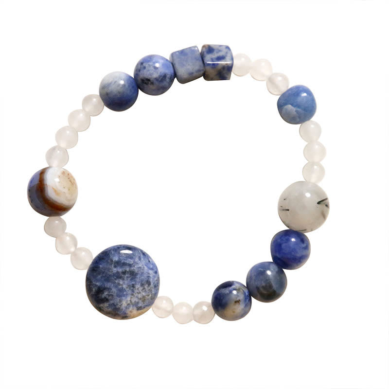 Multi-Stone Beaded Bracelet with Blue Aventurine, Agate, White Jade, Black Rutilated Quartz, and Jade (17cm)