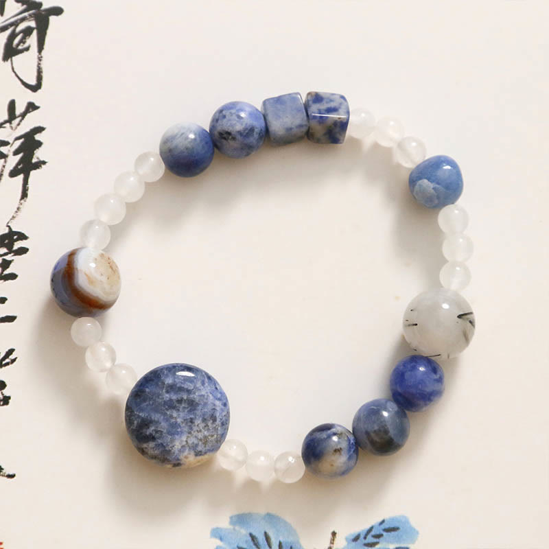Multi-Stone Beaded Bracelet with Blue Aventurine, Agate, White Jade, Black Rutilated Quartz, and Jade (17cm)
