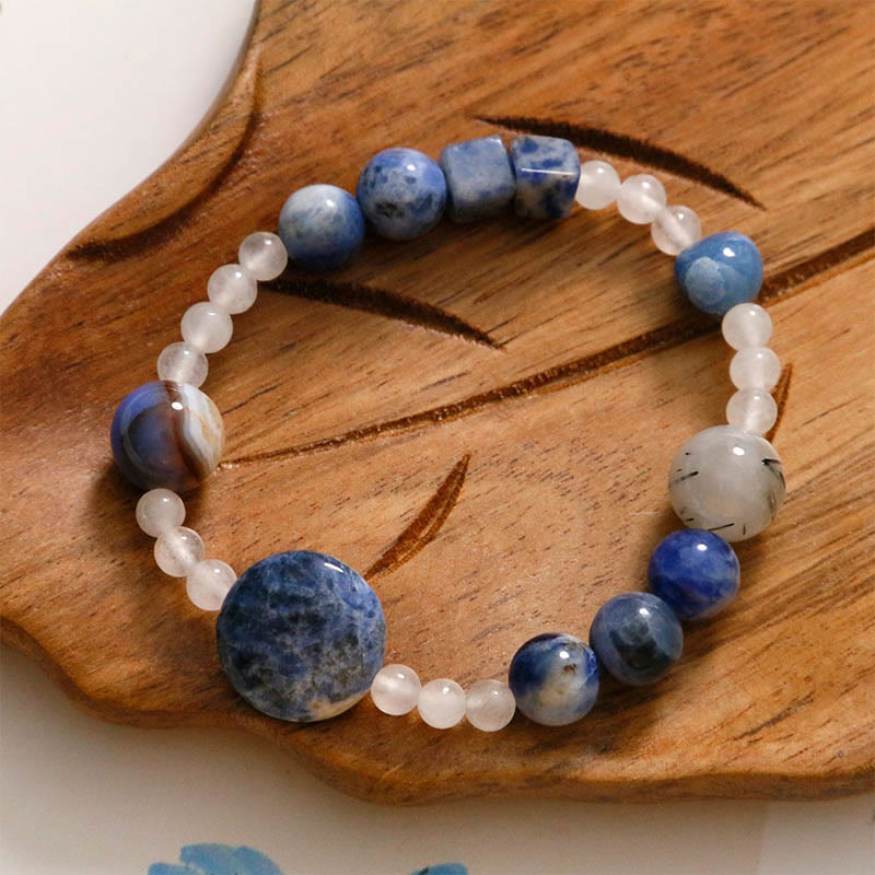 Multi-Stone Beaded Bracelet with Blue Aventurine, Agate, White Jade, Black Rutilated Quartz, and Jade (17cm)