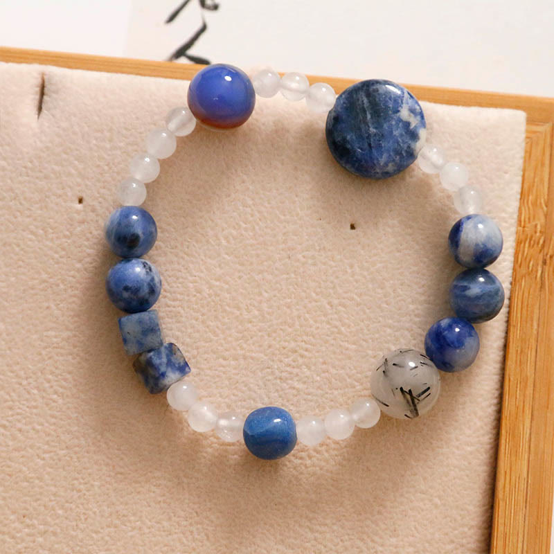 Multi-Stone Beaded Bracelet with Blue Aventurine, Agate, White Jade, Black Rutilated Quartz, and Jade (17cm)