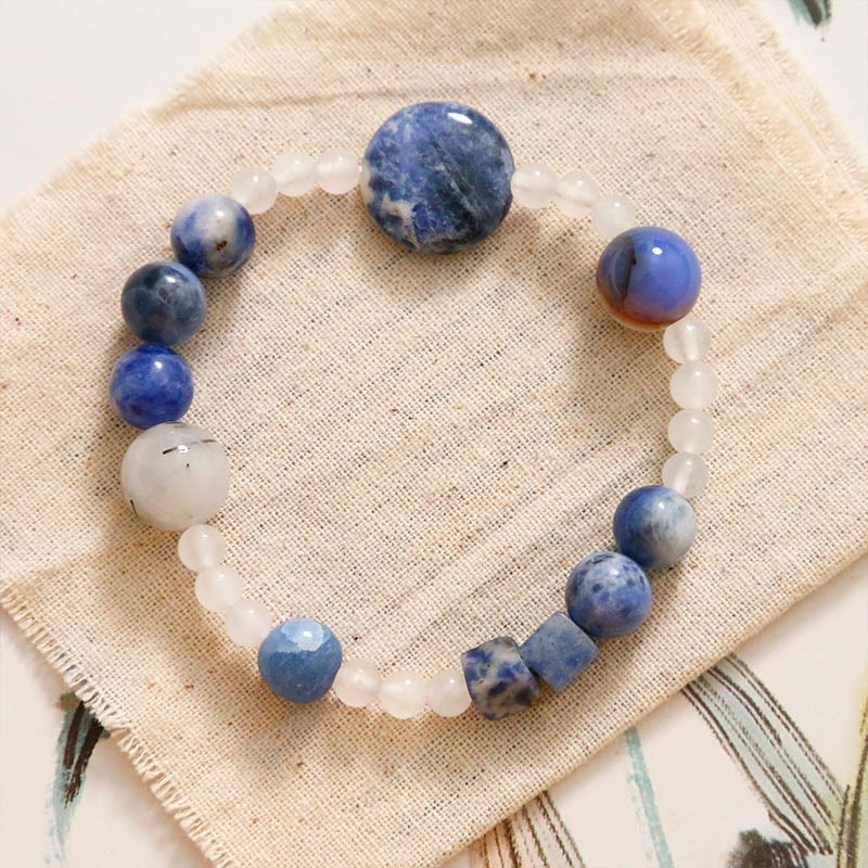 Multi-Stone Beaded Bracelet with Blue Aventurine, Agate, White Jade, Black Rutilated Quartz, and Jade (17cm)