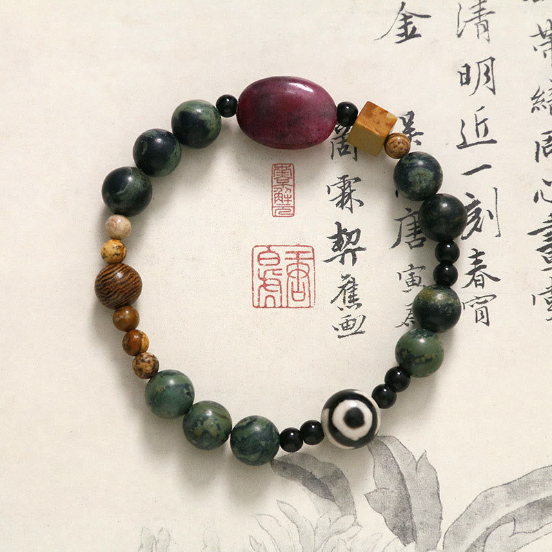 Green Agate Three-eyed Dzi Bead Power Success Bracelet