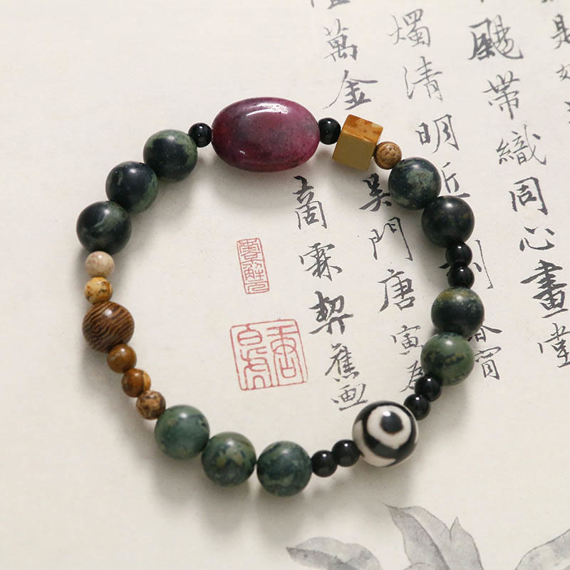 Green Agate Three-eyed Dzi Bead Power Success Bracelet