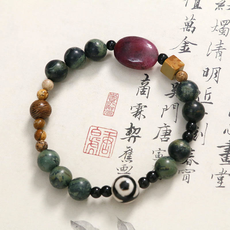 Green Agate Three-eyed Dzi Bead Power Success Bracelet
