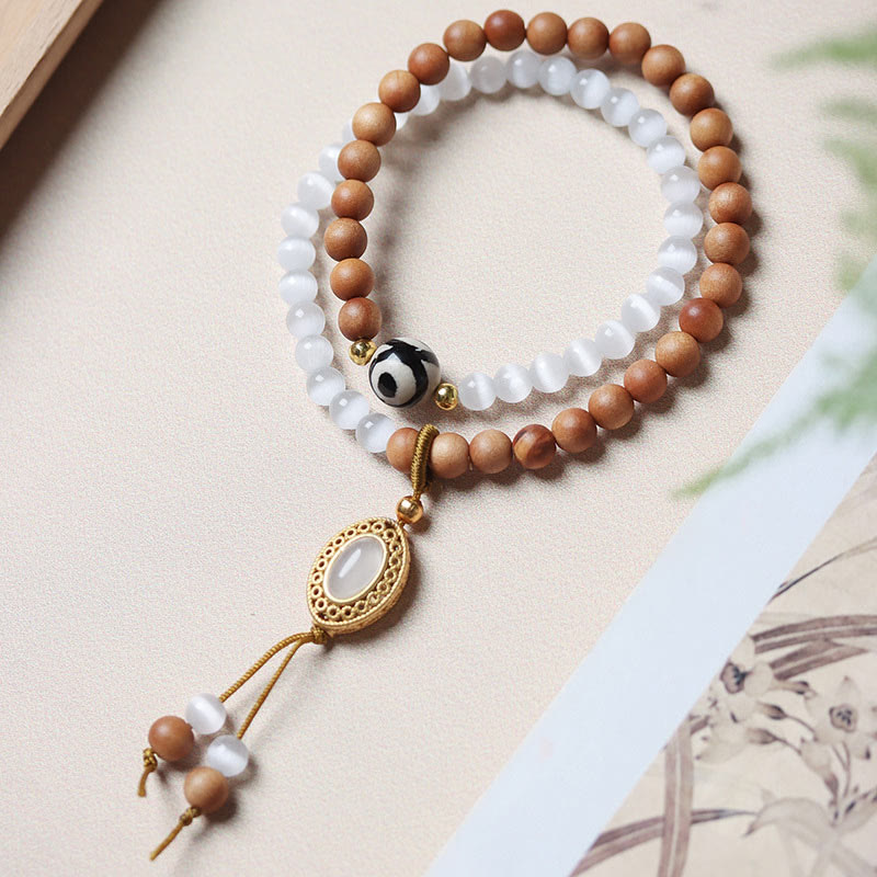 Sandalwood & Cat's Eye Two-Layer Wrap Bracelet with Three-Eyed Dzi Bead