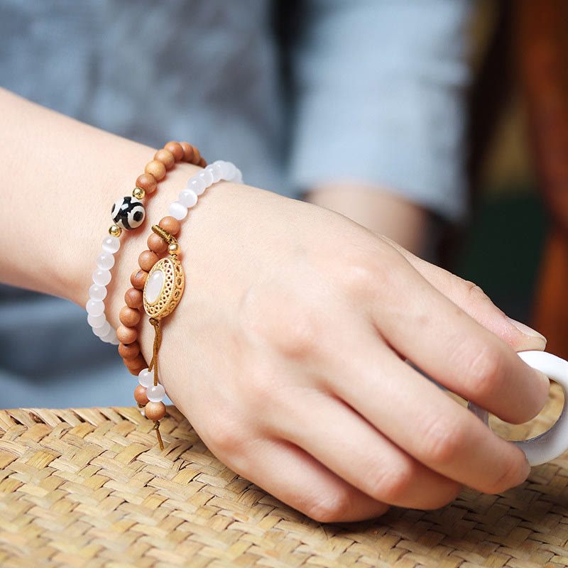 Sandalwood & Cat's Eye Two-Layer Wrap Bracelet with Three-Eyed Dzi Bead