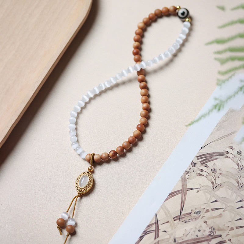 Sandalwood & Cat's Eye Two-Layer Wrap Bracelet with Three-Eyed Dzi Bead