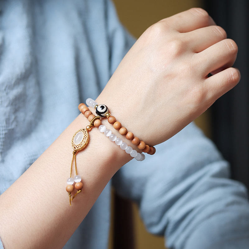 Sandalwood & Cat's Eye Two-Layer Wrap Bracelet with Three-Eyed Dzi Bead