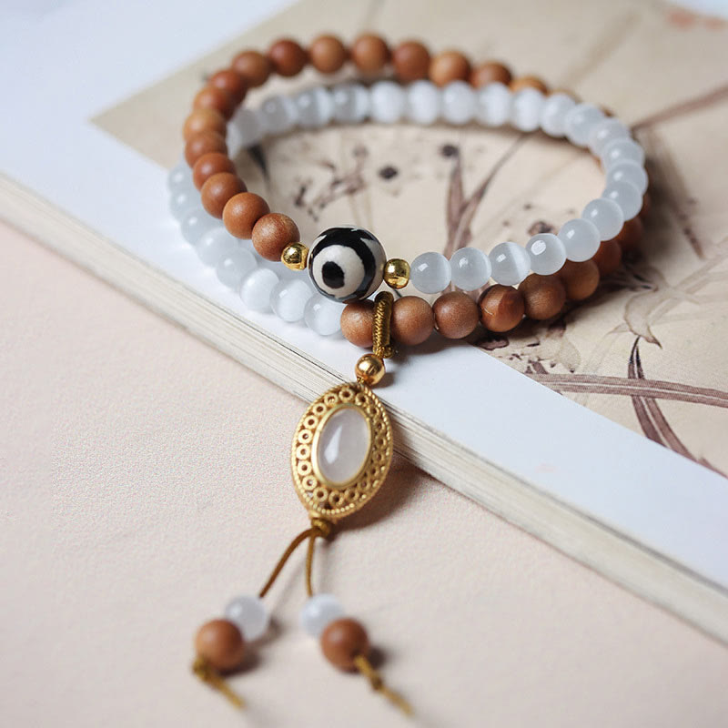 Sandalwood & Cat's Eye Two-Layer Wrap Bracelet with Three-Eyed Dzi Bead
