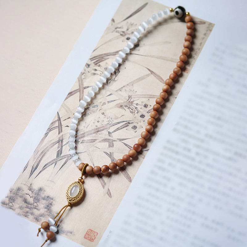 Sandalwood & Cat's Eye Two-Layer Wrap Bracelet with Three-Eyed Dzi Bead