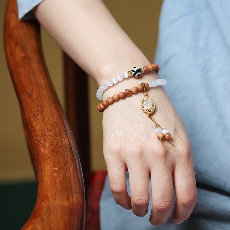 Sandalwood & Cat's Eye Two-Layer Wrap Bracelet with Three-Eyed Dzi Bead