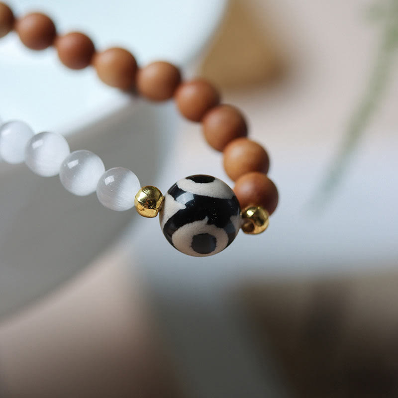 Sandalwood & Cat's Eye Two-Layer Wrap Bracelet with Three-Eyed Dzi Bead