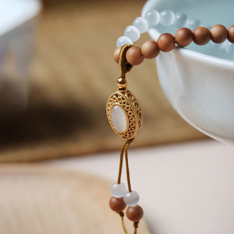 Sandalwood & Cat's Eye Two-Layer Wrap Bracelet with Three-Eyed Dzi Bead