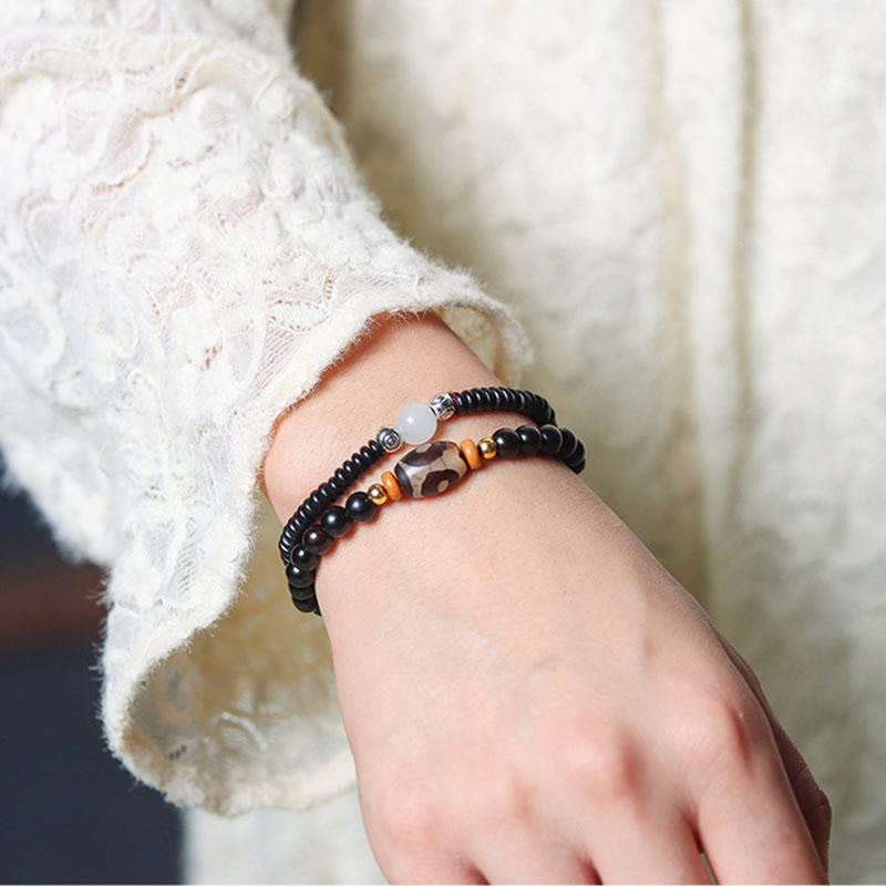 Ebony Sandalwood Green Sandalwood Dzi Bead Balance Calm Double Wrap Bracelet