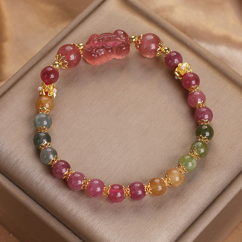 Tourmaline Strawberry Quartz Pink Crystal PIXIU Love Bracelet