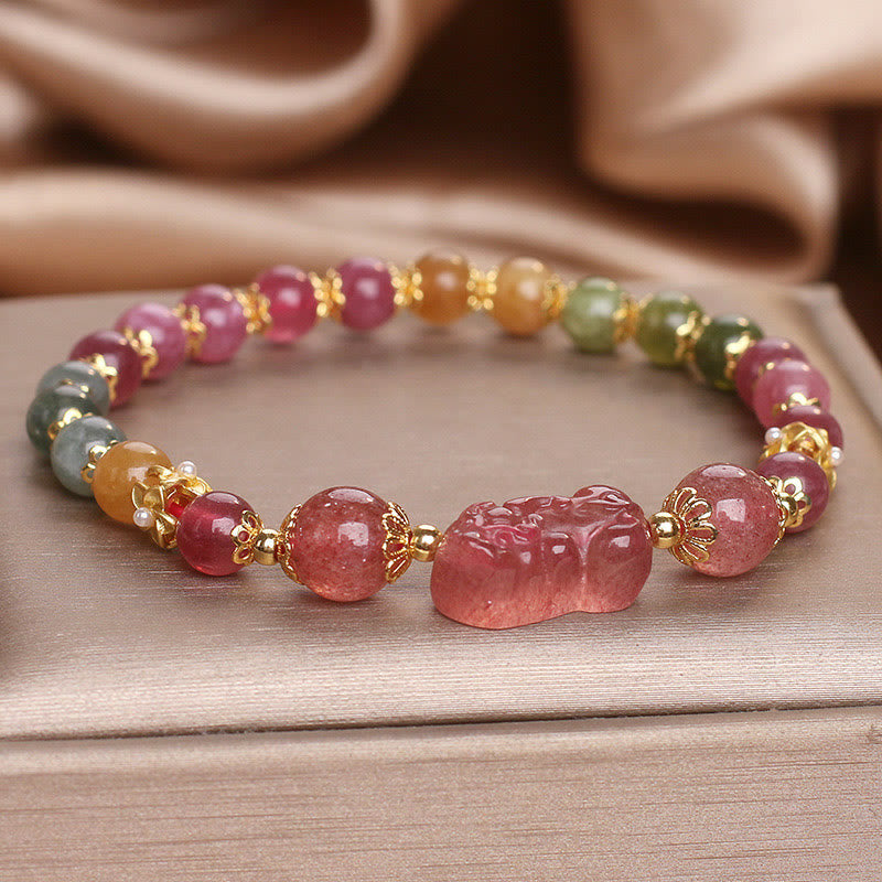Tourmaline Strawberry Quartz Pink Crystal PIXIU Love Bracelet