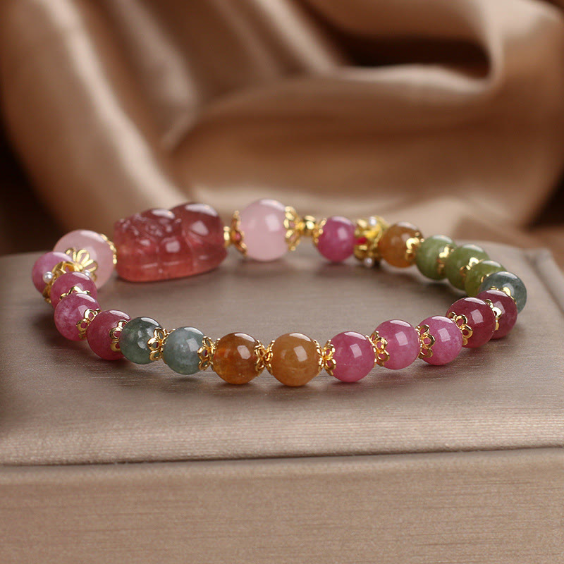 Tourmaline Strawberry Quartz Pink Crystal PIXIU Love Bracelet