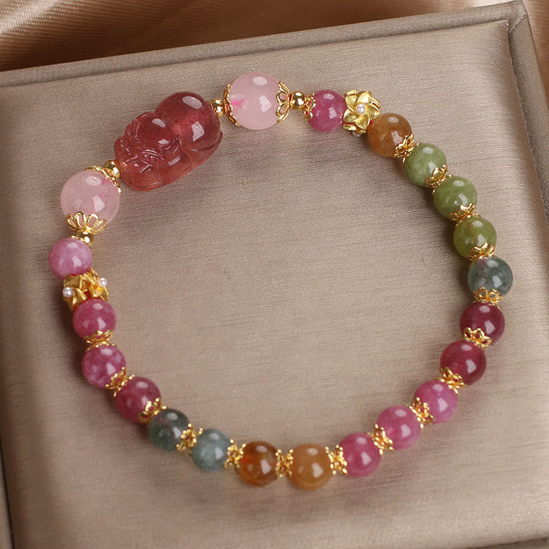 Tourmaline Strawberry Quartz Pink Crystal PIXIU Love Bracelet