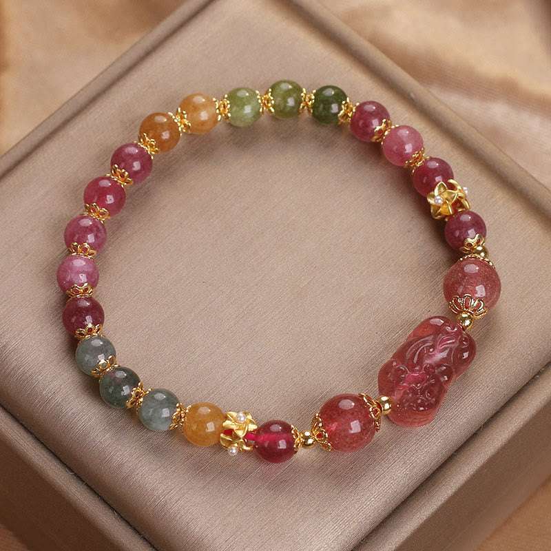 Tourmaline Strawberry Quartz Pink Crystal PIXIU Love Bracelet