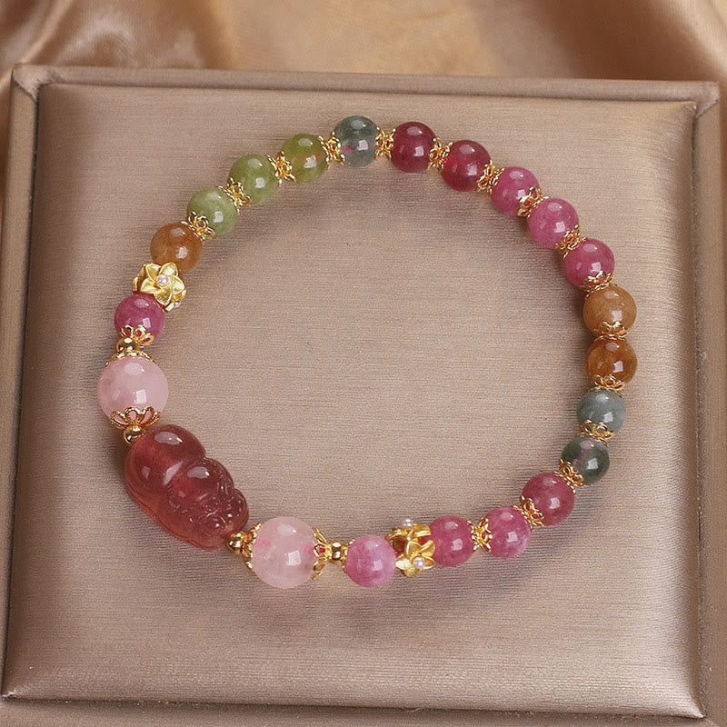Tourmaline Strawberry Quartz Pink Crystal PIXIU Love Bracelet