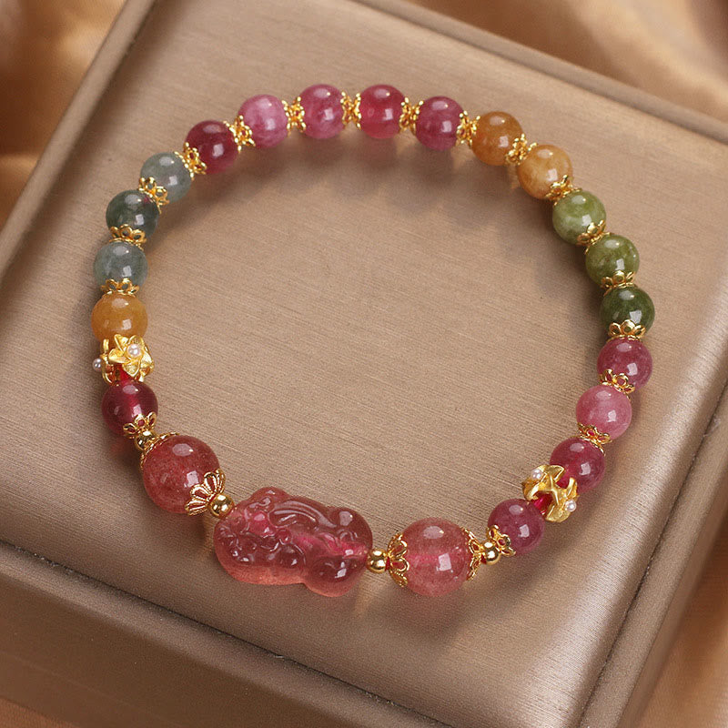Tourmaline Strawberry Quartz Pink Crystal PIXIU Love Bracelet