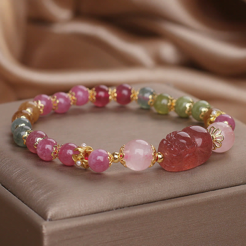 Tourmaline Strawberry Quartz Pink Crystal PIXIU Love Bracelet