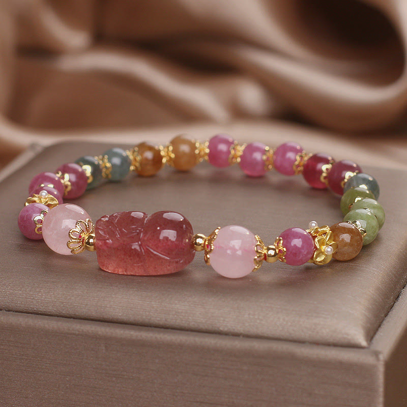 Tourmaline Strawberry Quartz Pink Crystal PIXIU Love Bracelet