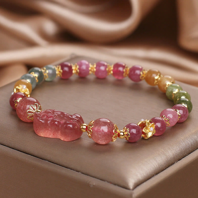 Tourmaline Strawberry Quartz Pink Crystal PIXIU Love Bracelet
