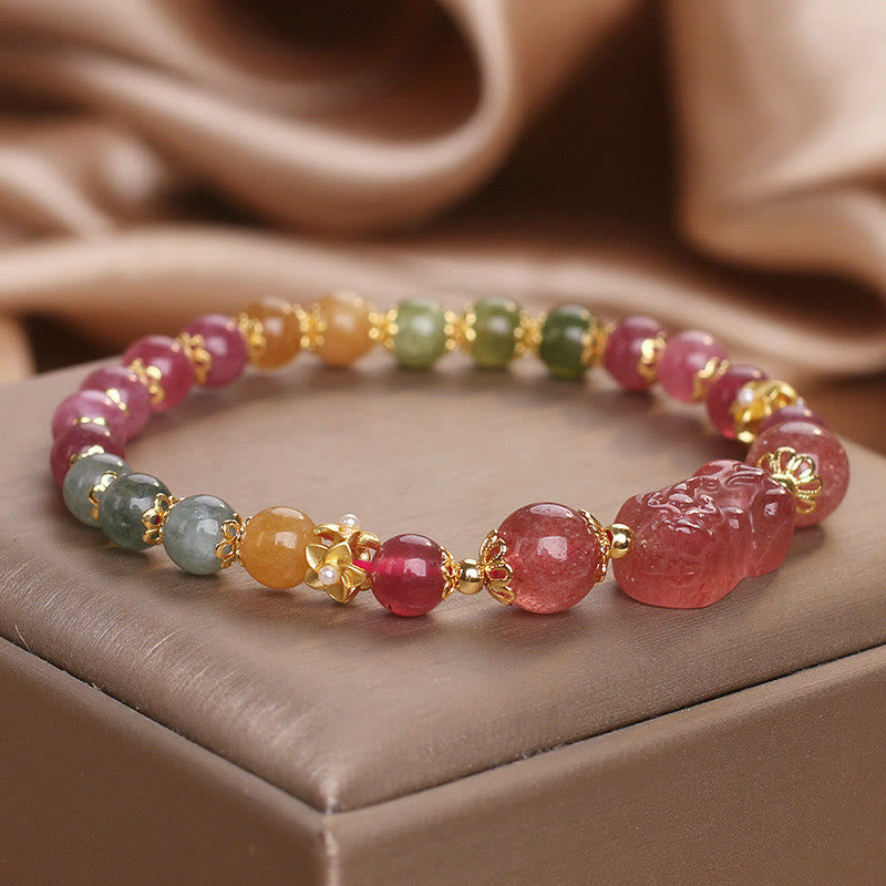 Tourmaline Strawberry Quartz Pink Crystal PIXIU Love Bracelet