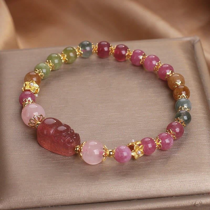 Tourmaline Strawberry Quartz Pink Crystal PIXIU Love Bracelet