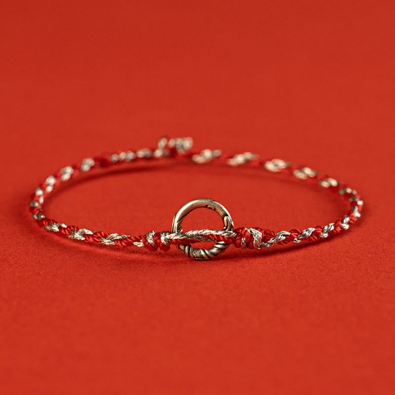 925 Sterling Silver Ping An Kou Peace Buckle with Black Tourmaline & Red String Bracelet