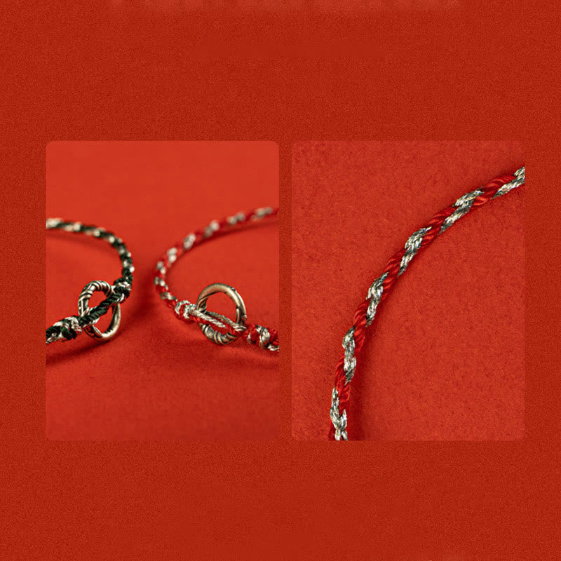 925 Sterling Silver Ping An Kou Peace Buckle with Black Tourmaline & Red String Bracelet