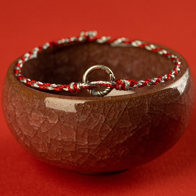 925 Sterling Silver Ping An Kou Peace Buckle with Black Tourmaline & Red String Bracelet
