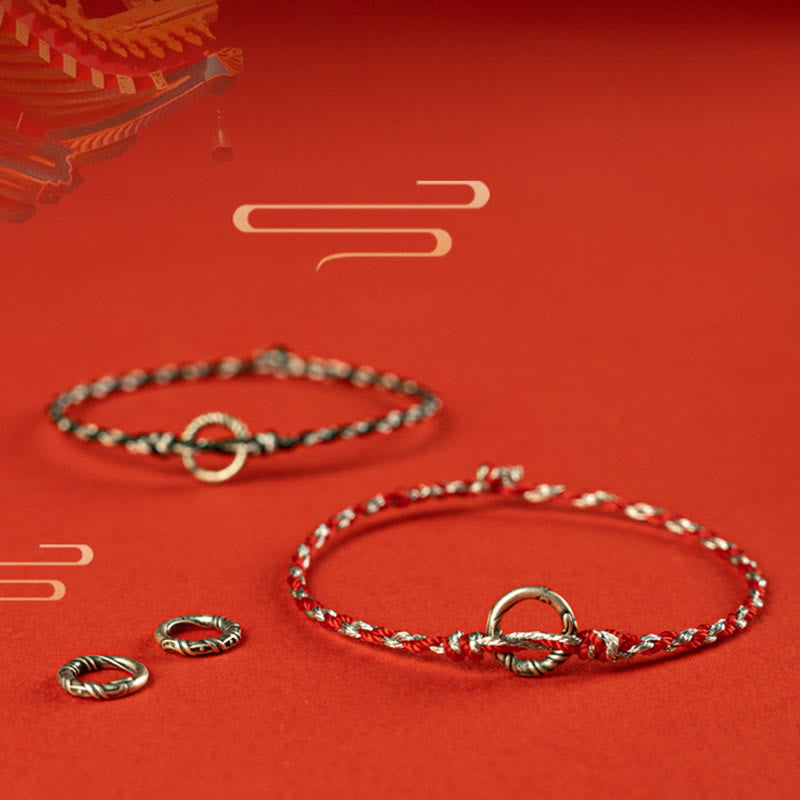 925 Sterling Silver Ping An Kou Peace Buckle with Black Tourmaline & Red String Bracelet