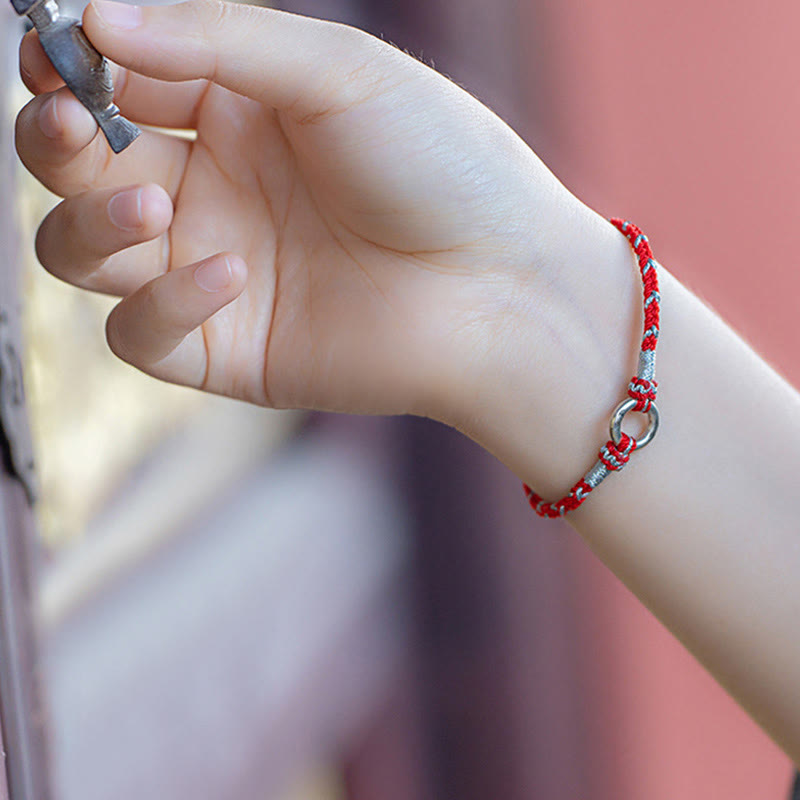 925 Sterling Silver Ping An Kou Peace Buckle with Black Tourmaline & Red String Bracelet