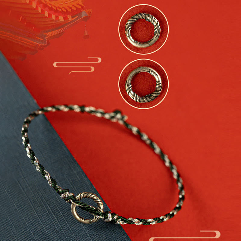 925 Sterling Silver Ping An Kou Peace Buckle with Black Tourmaline & Red String Bracelet