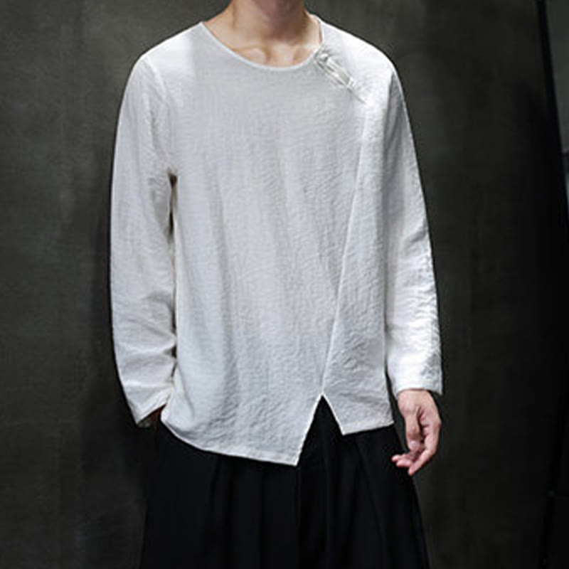 Solid Color Loose Long Sleeve Round Neck Cotton Men's Shirts