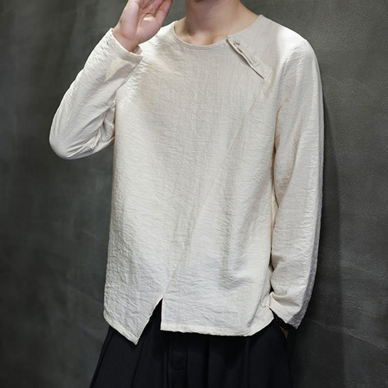 Solid Color Loose Long Sleeve Round Neck Cotton Men's Shirts