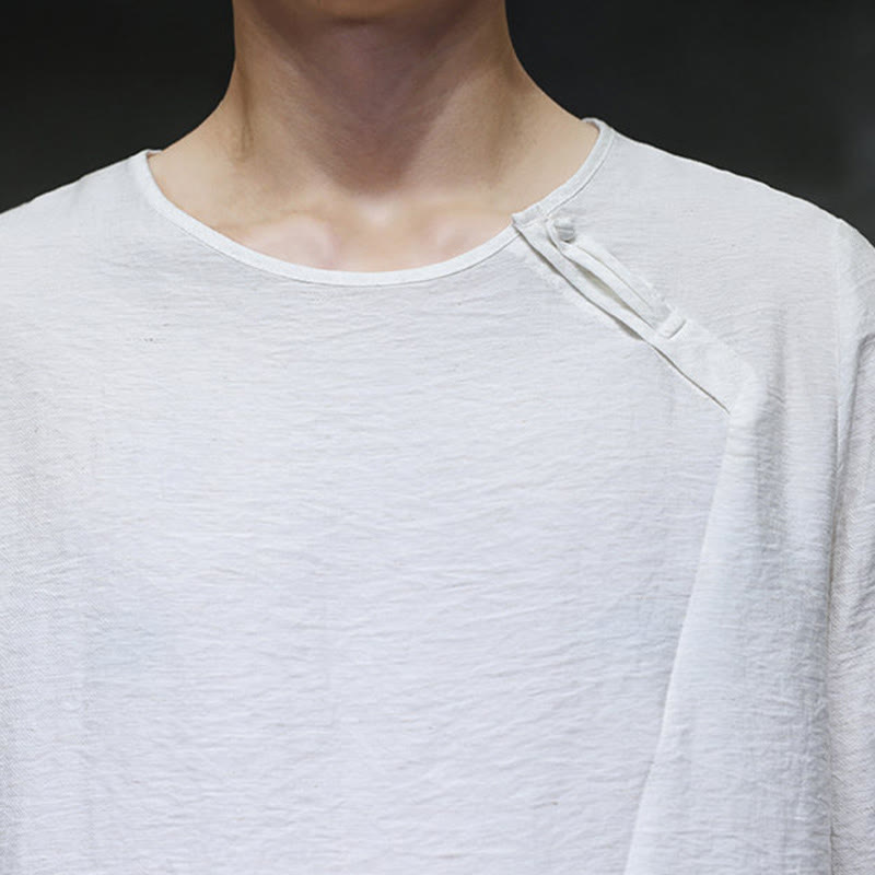 Solid Color Loose Long Sleeve Round Neck Cotton Men's Shirts