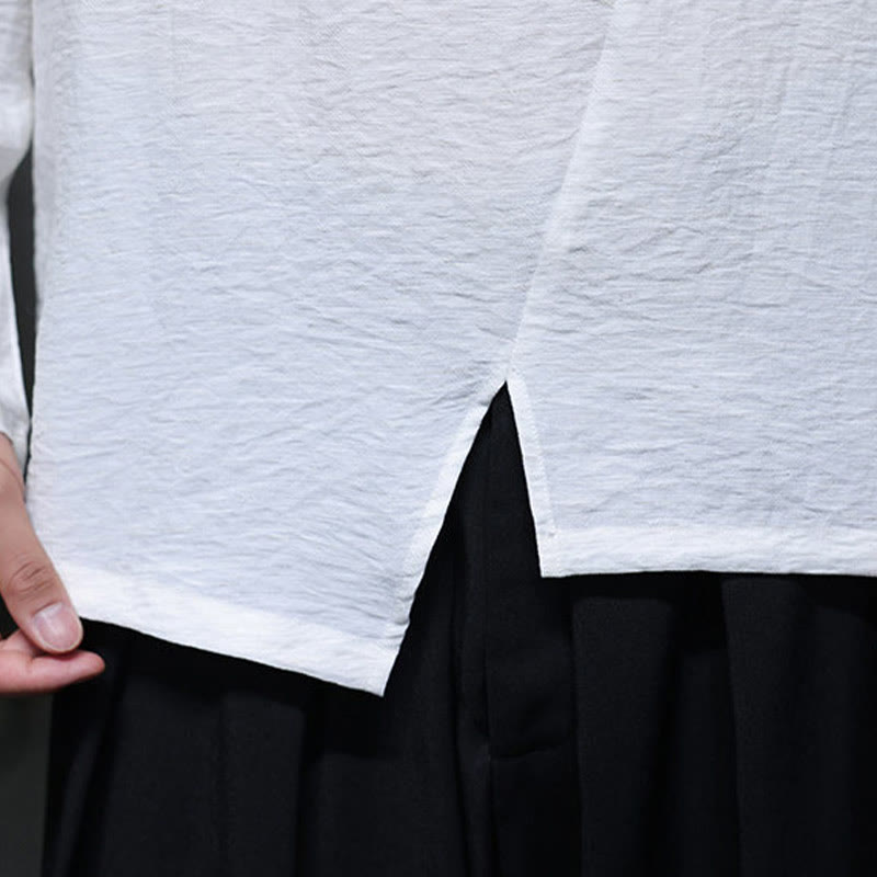 Solid Color Loose Long Sleeve Round Neck Cotton Men's Shirts