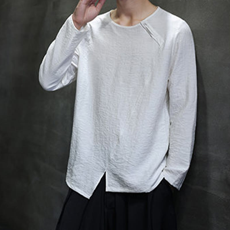 Solid Color Loose Long Sleeve Round Neck Cotton Men's Shirts