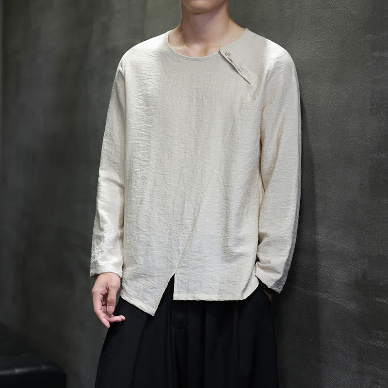 Solid Color Loose Long Sleeve Round Neck Cotton Men's Shirts