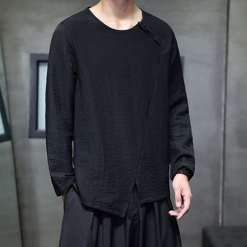 Solid Color Loose Long Sleeve Round Neck Cotton Men's Shirts
