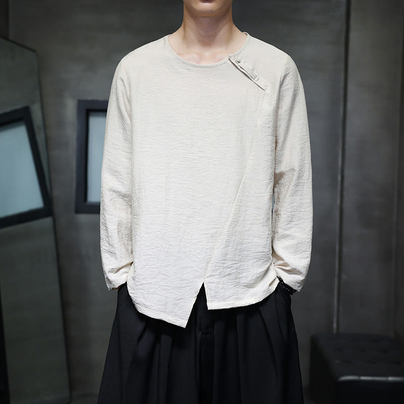 Solid Color Loose Long Sleeve Round Neck Cotton Men's Shirts